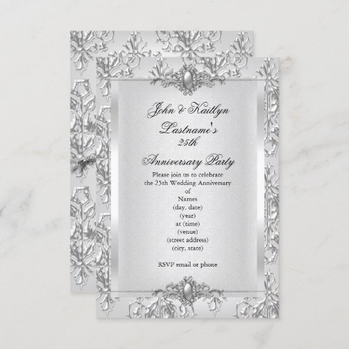 25th Anniversary Party Damask Silver White Small Invitation