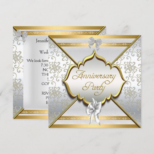 25th Anniversary Party Elegant White Silver Gold Personalized Invitation