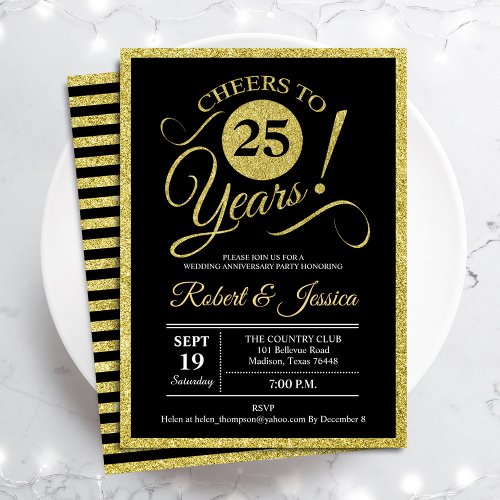 25th Anniversary Party _ Gold Black Invitation