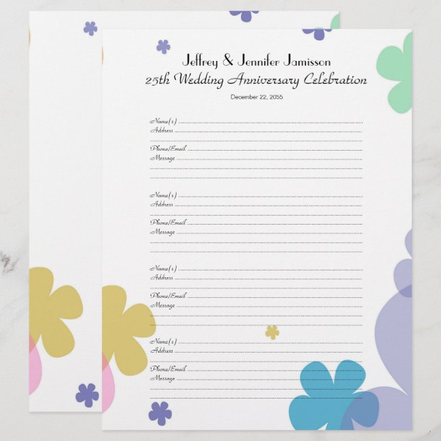 25th Anniversary Party Guest Book Sign-In Page (Front/Back)