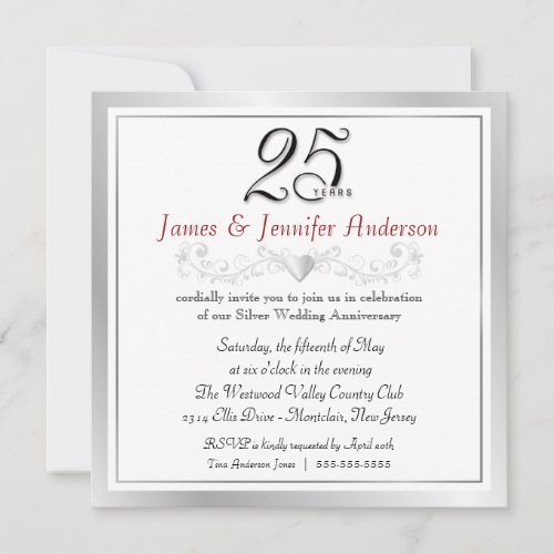 25th Anniversary Party Invitations  Silver Square