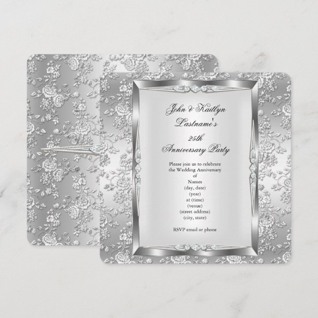 25th Anniversary Party Rose Damask Silver White 4 Invitation (Front/Back)
