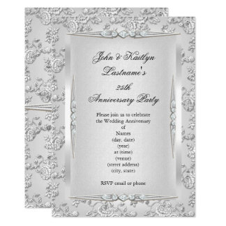 25th Anniversary Party Rose Damask Silver White Card