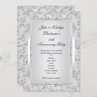 25th Anniversary Party Rose Damask Silver White Invitation