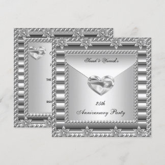25th Anniversary Party Silver White Heart Jewel 3 Invitation