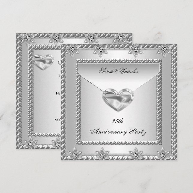25th Anniversary Party Silver White Heart Jewel 4 Invitation (Front/Back)