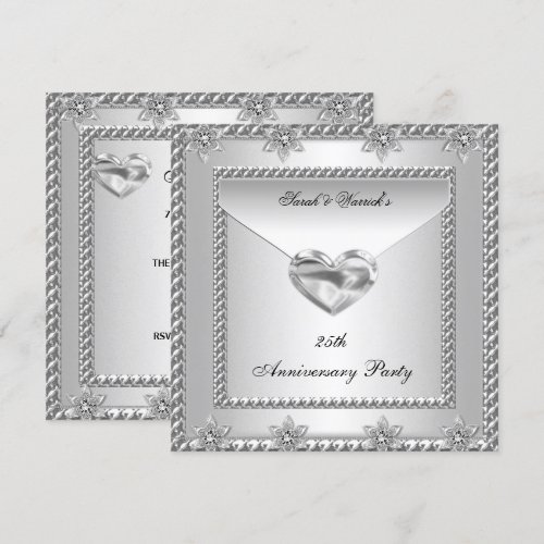 25th Anniversary Party Silver White Heart Jewel 4 Custom Invitations