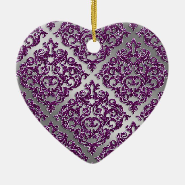 25th Anniversary Purple Sparkle Silver Damask Ceramic Ornament (Front)