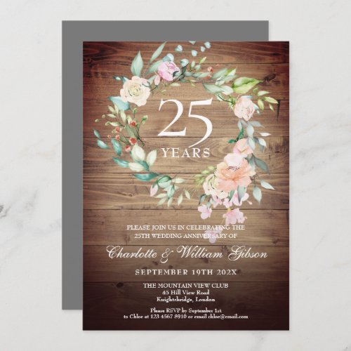 25th Anniversary Rustic Boho Wood Roses Garland Invitation