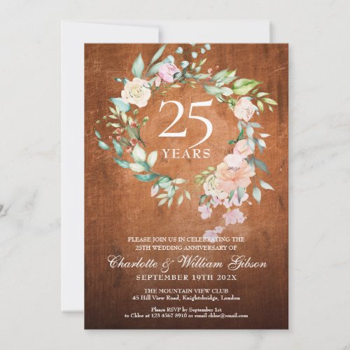 25th Anniversary Rustic Vintage Wood Roses Garland Invitation