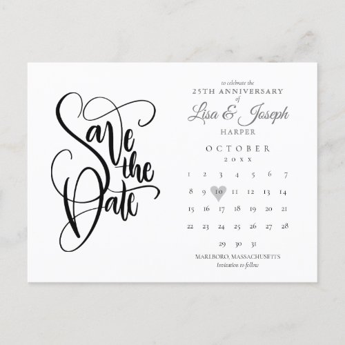 25th Anniversary Save the Date Calendar Love Heart Announcement Postcard