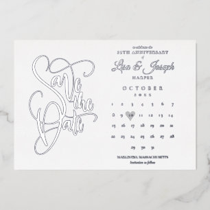 25th Anniversary Save the Date Calendar Silver Foil Invitation