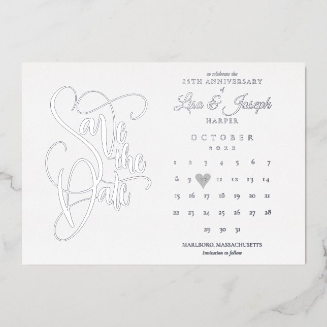 25th Anniversary Save the Date Calendar Silver Foil Invitation (Front)