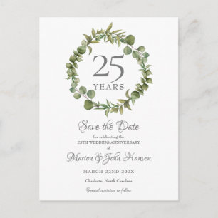 25th Anniversary Save the Date Greenery Garland Announcement Postcard