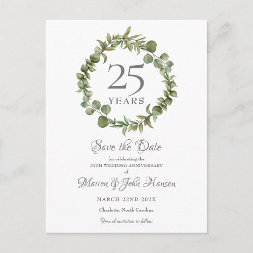 25th Anniversary Save the Date Greenery Garland  Announcement Postcard