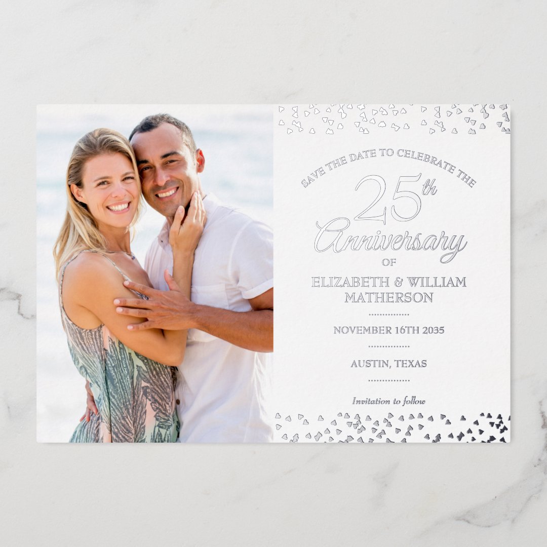 25th Anniversary Save the Date Photo Silver Foil Invitation | Zazzle