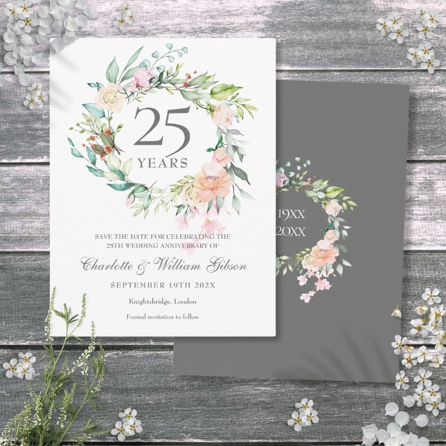 25th Anniversary Save the Date Roses Garland  Announcement Postcard (25th Anniversary Save the Date Roses Garland Announcement Postcard)