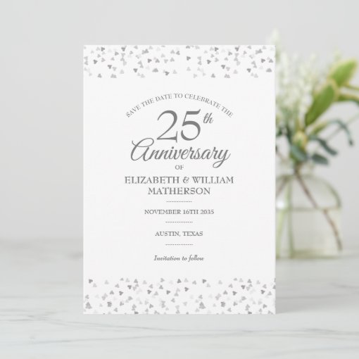 25th Anniversary Save the Date Silver Hearts Invitation | Zazzle