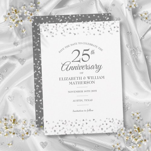 25th Anniversary Save the Date Silver Hearts Invitation