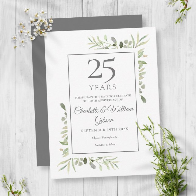 25th Anniversary Save the Date Watercolour Leaves Postcard (Creator Uploaded)