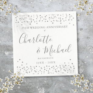 25th Anniversary Signature Silver Hearts Confetti Napkins