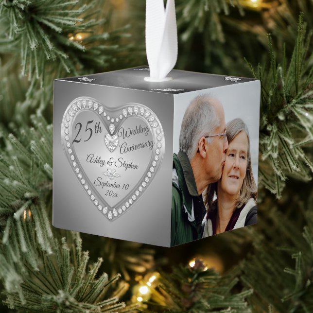 25th Anniversary Silver Diamonds Photo Keepsake Cube Ornament (Tree)