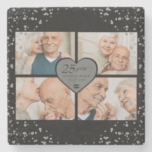 25th Anniversary Silver Glitter Black Stone Coaster