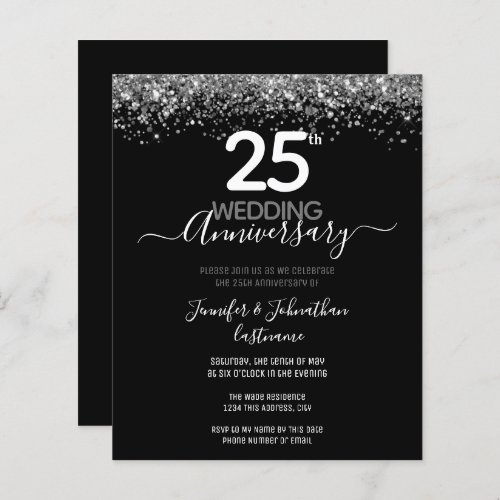 25th Anniversary Silver Glitter Budget Invitations