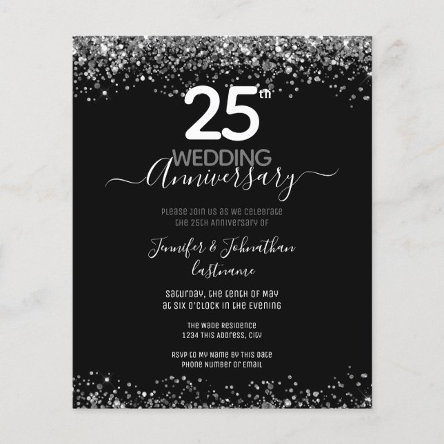 25th Anniversary Silver Glitter Budget Invitations (Front)