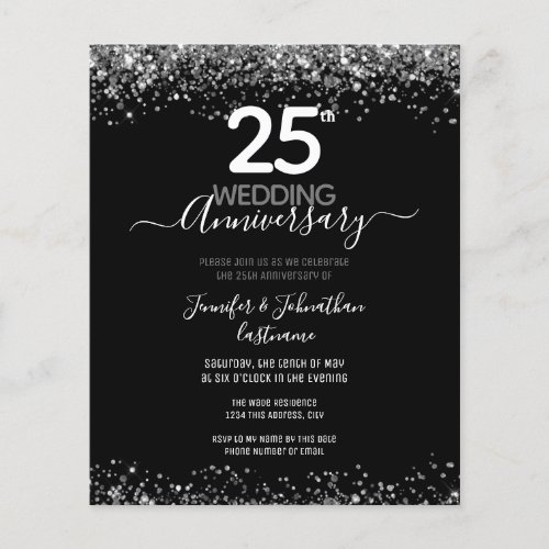 25th Anniversary Silver Glitter Budget Invitations