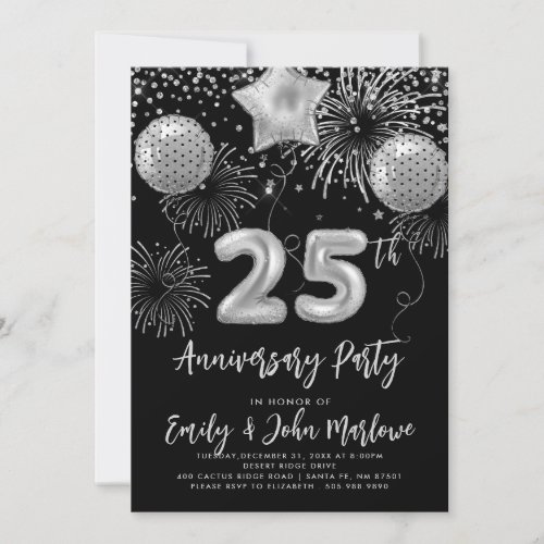 25th Anniversary Silver Glitter Confetti Champagne Invitation