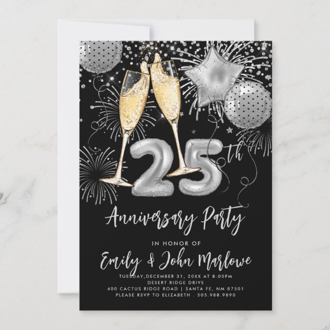 25th Anniversary Silver Glitter Confetti Champagne Invitation (Front)