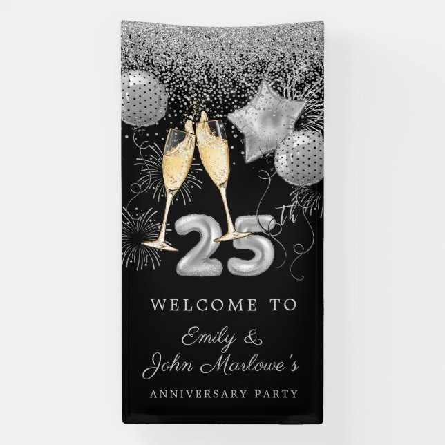 25th Anniversary Silver Glitter Confetti Welcome Banner (Vertical)
