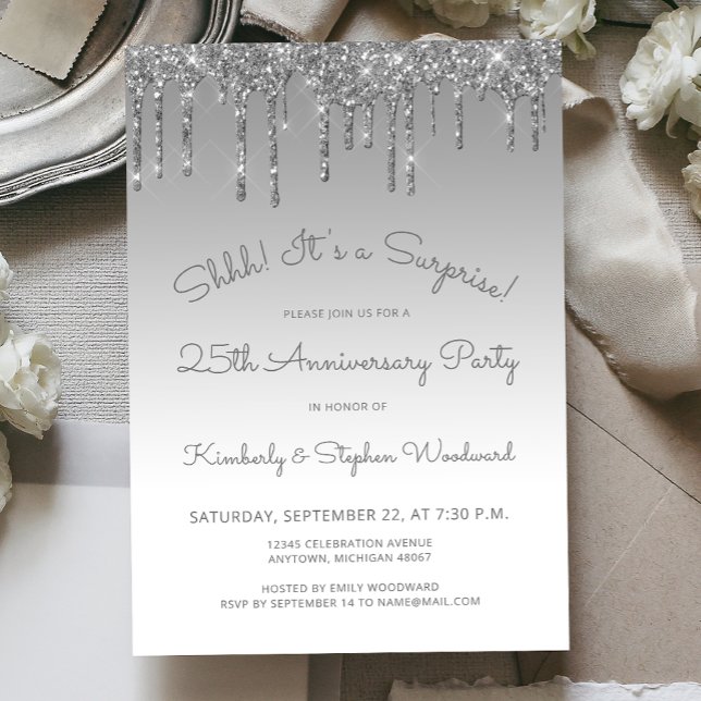 25th Anniversary Silver Glitter Surprise Party Invitation (Creator Uploaded)