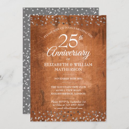 25th Anniversary Silver Hearts Rustic Vintage Wood Invitation