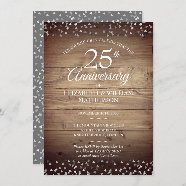 25th Anniversary Silver Hearts Rustic Wood Boho Invitation (Front/Back)
