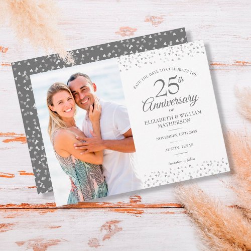 25th Anniversary Silver Hearts Save the Date Photo Announcement Postcard