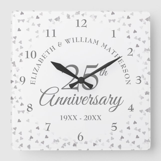 25th Anniversary Silver Hearts Square Wall Clock (Front)