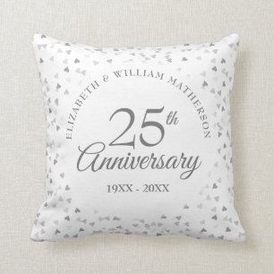 25th Anniversary Silver Hearts Throw Pillow