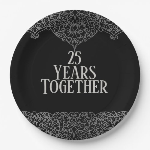 25th Anniversary Silver Lace On Black  Paper Plate