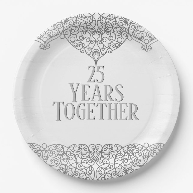 25th Anniversary Silver Lace On White Paper Plates (Front)
