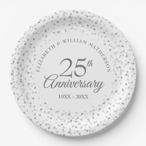 25th Anniversary Silver Love Hearts Confetti Paper Plates