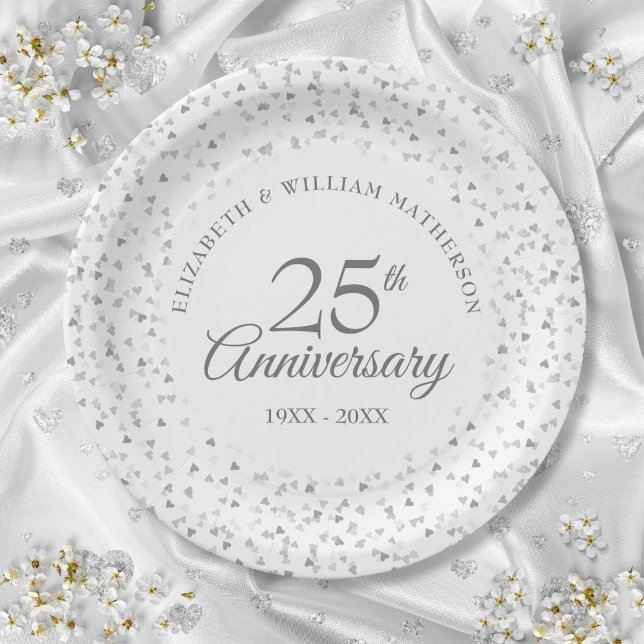 25th Anniversary Silver Love Hearts Confetti Paper Plates (25th Anniversary Silver Love Hearts Confetti Paper Plates)
