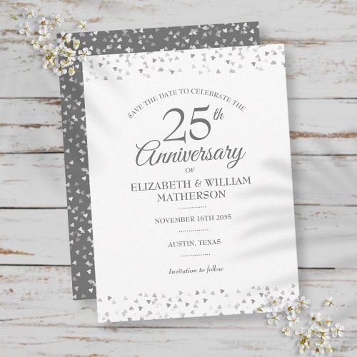 25th Anniversary Silver Love Hearts Save the Date Announcement Postcard