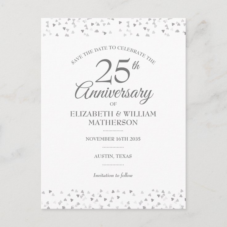 25th Anniversary Silver Love Hearts Save the Date Announcement Postcard ...