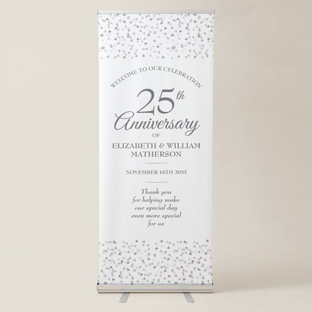 25th Anniversary Silver Love Hearts Welcome Retractable Banner (Front)