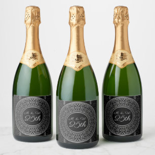 25th Anniversary Silver Medallion Monogrammed Sparkling Wine Label