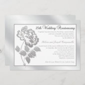 25th Anniversary Silver Peony on White Linen Invitation (Front/Back)