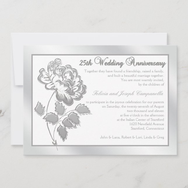 25th Anniversary Silver Peony on White Linen Invitation (Front)