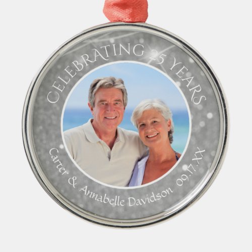 25th Anniversary  Silver Sparkle Photo Metal Ornament